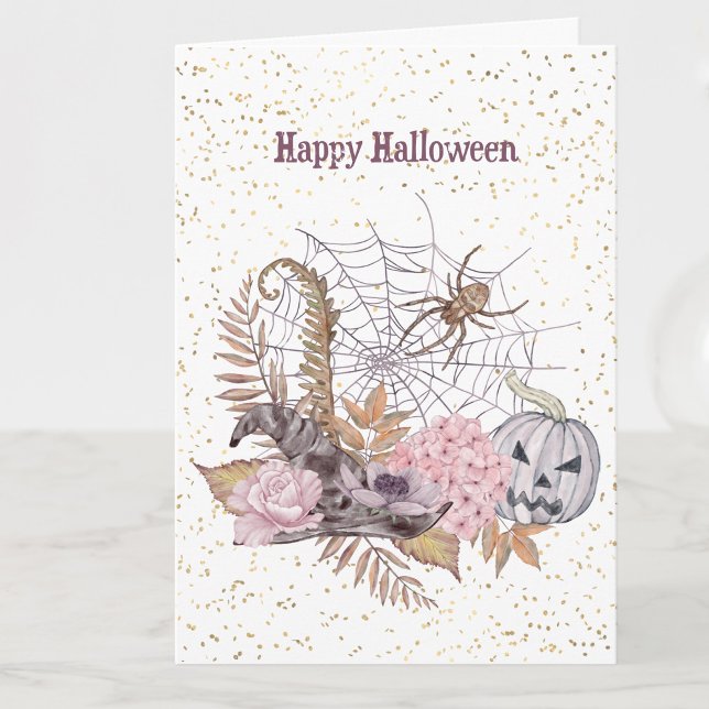 Halloween Pink Floral Pumpkin Spider Web Card (Creator Uploaded)
