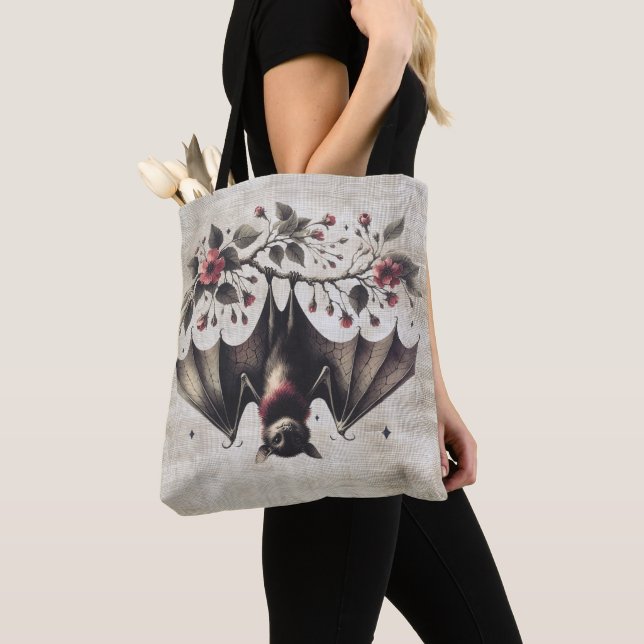 Halloween Pink Flowers Evil Bat Green Leaves Tote Bag (Close Up)