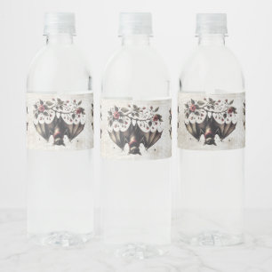Halloween Pink Flowers Evil Bat Green Leaves Water Bottle Label