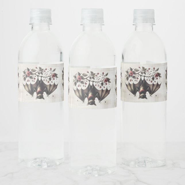 Halloween Pink Flowers Evil Bat Green Leaves Water Bottle Label (Bottles)