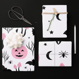 Halloween Pink Pumpkin Bat Moon Star Spider Party Wrapping Paper Sheet