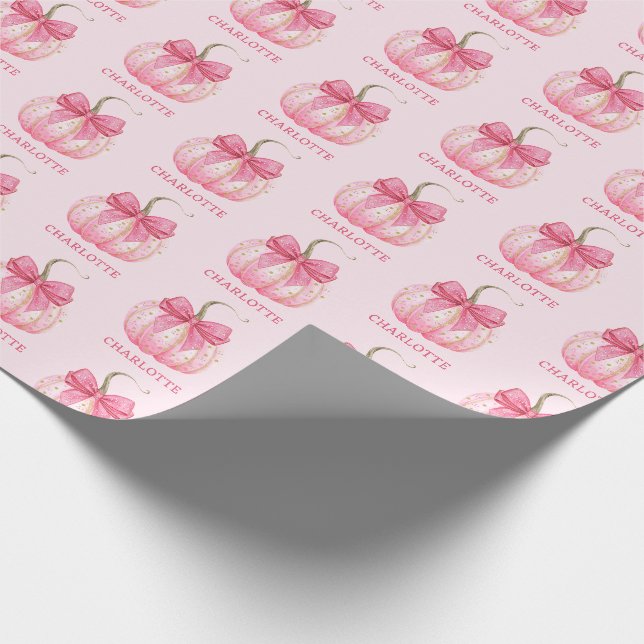 Halloween Pink Pumpkin Coquette Bow Personalized Wrapping Paper (Corner)