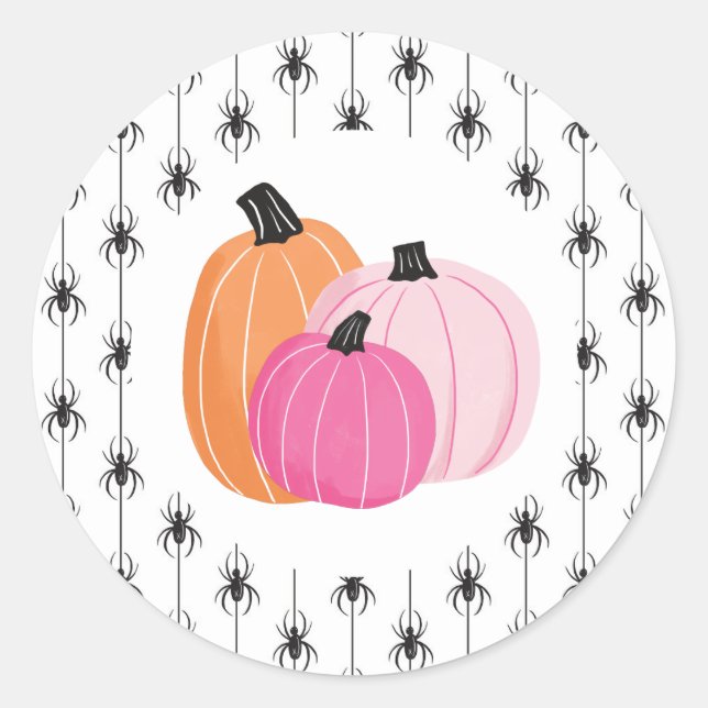 Halloween Pink Pumpkins and Spiders Classic Round Sticker (Front)