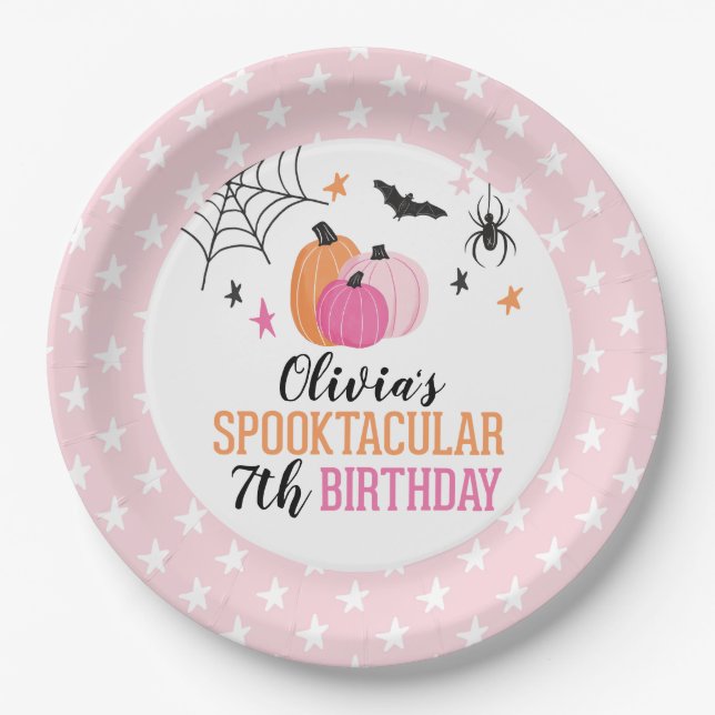 Halloween Pink Pumpkins and Stars Birthday Paper Plate (Front)