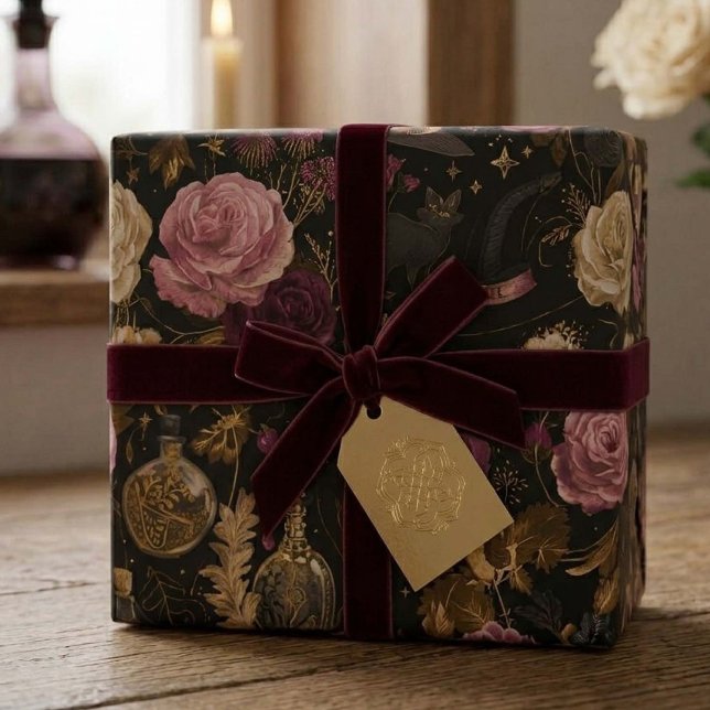 Halloween Pink Witch Floral  Wrapping Paper (Creator Uploaded)