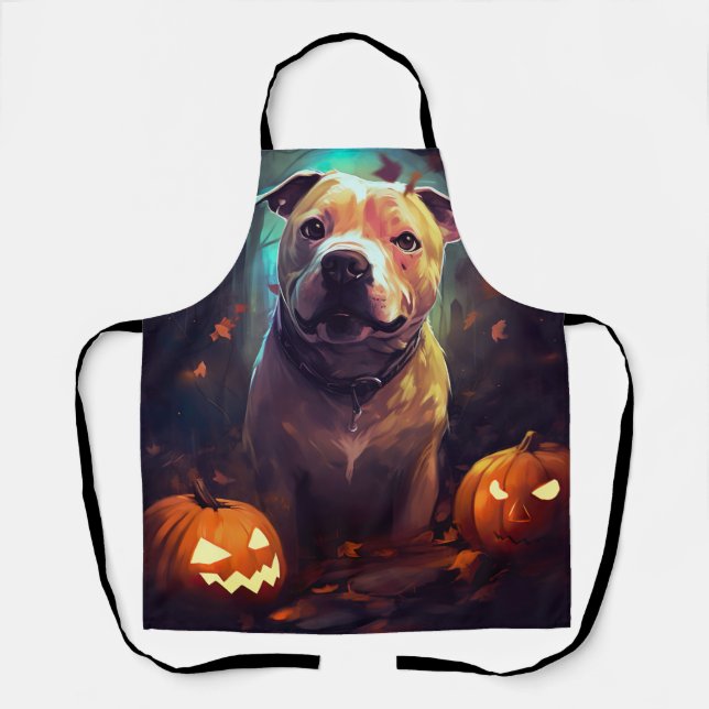 Halloween Pitbull With Pumpkins Scary  Apron (Front)