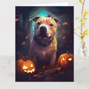 Halloween Pitbull With Pumpkins Scary  Card