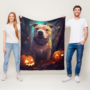 Halloween Pitbull With Pumpkins Scary Fleece Blanket