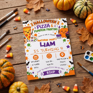 Halloween Pizza and Pumpkin Painting Birthday  Invitation