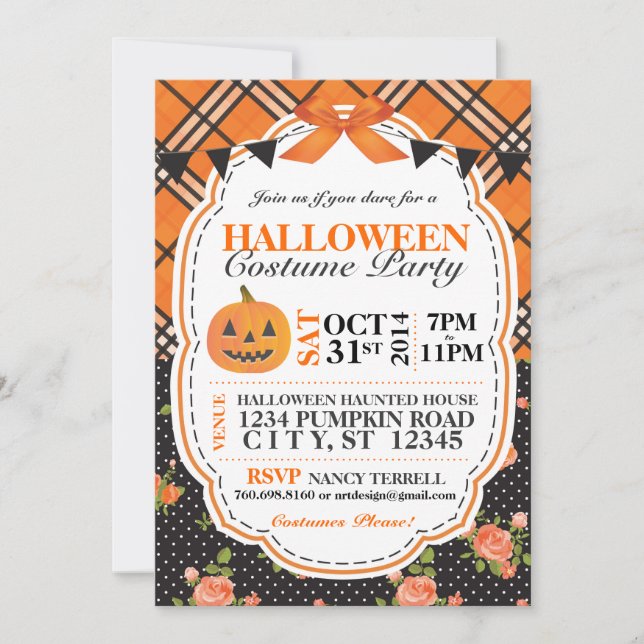 Halloween Plaid & Floral Invitation (Devant)