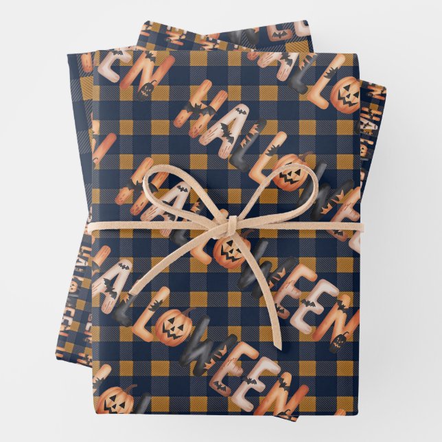 Halloween Plaid Pumpkin Wrapping Paper Sheet (In situ)