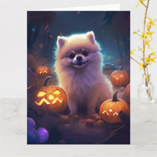 Halloween Pomeranian With Pumpkins Scary Card