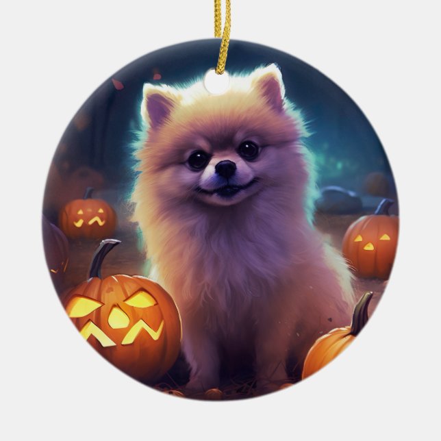 Halloween Pomeranian With Pumpkins Scary  Ceramic Ornament (Front)