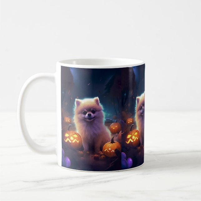 Halloween Pomeranian With Pumpkins Scary  Coffee Mug (Left)