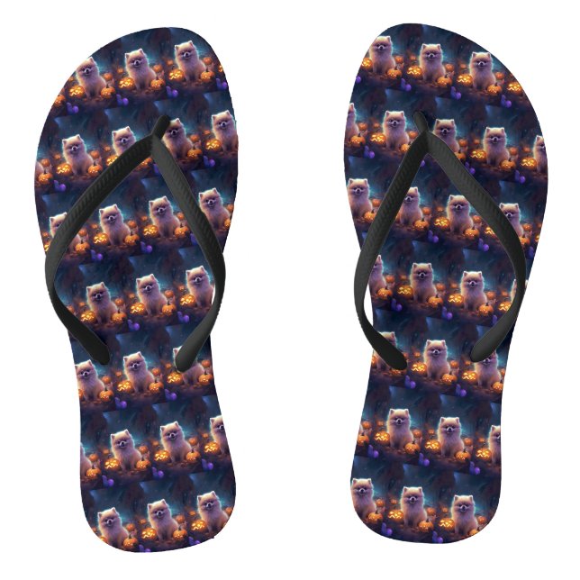 Halloween Pomeranian With Pumpkins Scary  Flip Flops (Footbed)