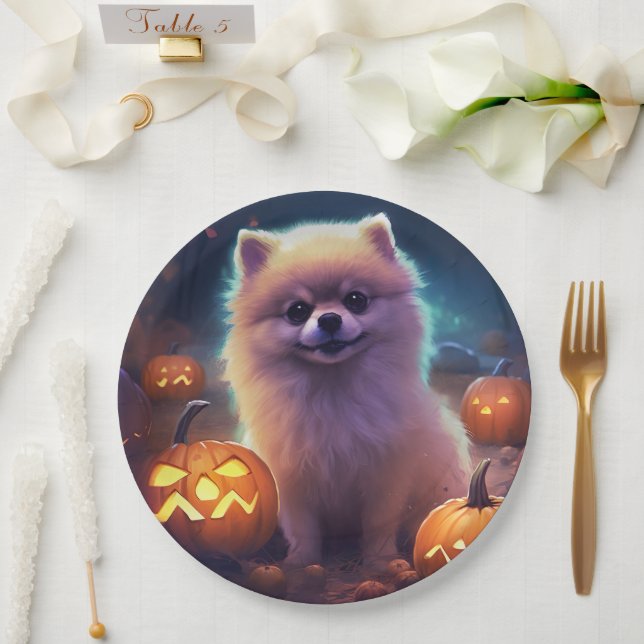 Halloween Pomeranian With Pumpkins Scary  Paper Plate (Wedding)