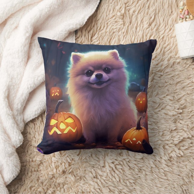Halloween Pomeranian With Pumpkins Scary  Throw Pillow (Blanket)