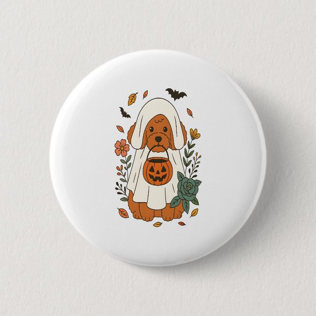 Halloween Poodle with Fall Flowers 2 Inch Round Button (Front)