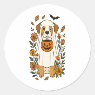 Halloween Poodle with Fall Flowers Classic Round Sticker