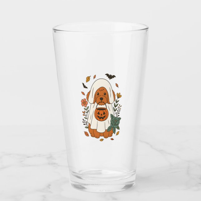 Halloween Poodle with Fall Flowers Glass (Front)