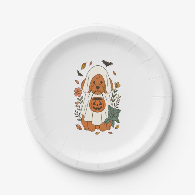 Halloween Poodle with Fall Flowers Paper Plate (Front)