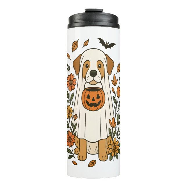 Halloween Poodle with Fall Flowers Thermal Tumbler (Front)