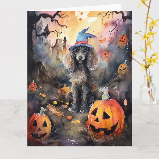  Halloween Poodle With Pumpkins Scary Card (Yellow Flower)