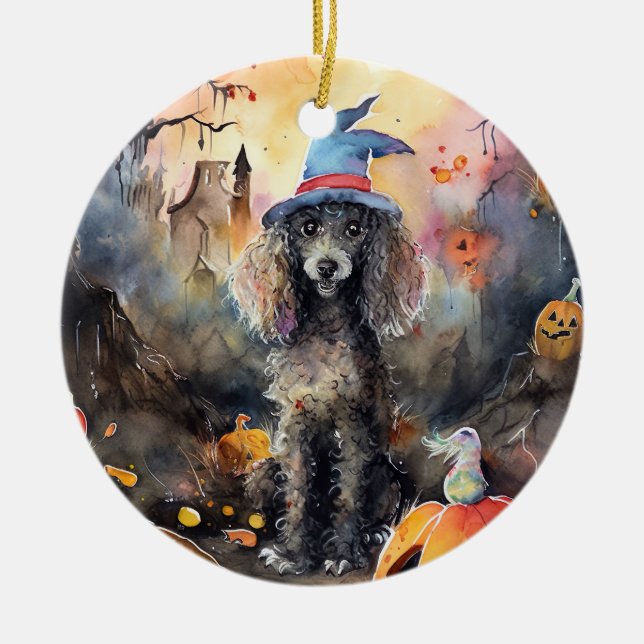  Halloween Poodle With Pumpkins Scary Ceramic Ornament (Front)