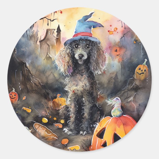  Halloween Poodle With Pumpkins Scary Classic Round Sticker (Front)