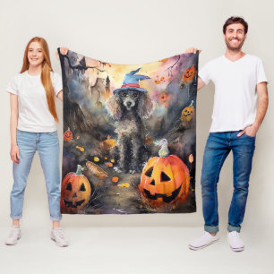 Halloween Poodle With Pumpkins Scary Fleece Blanket