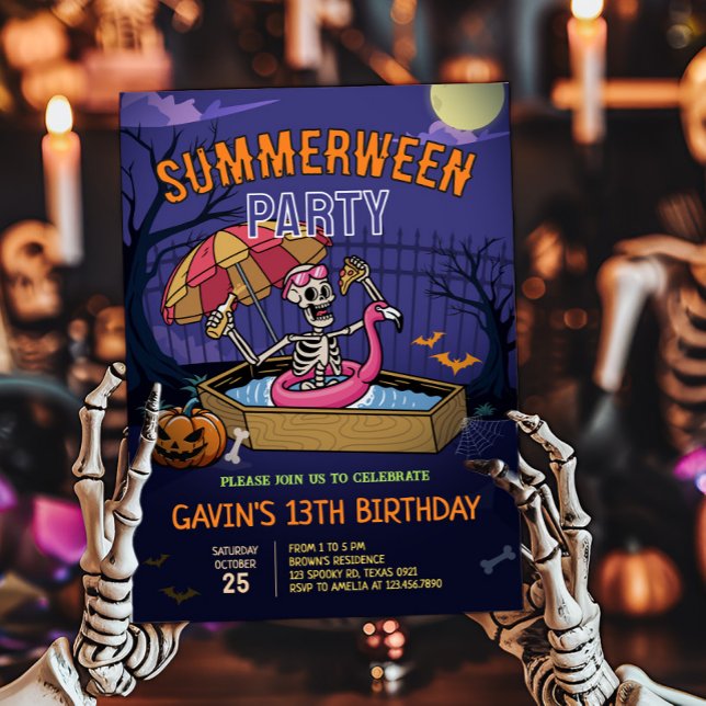 Halloween Pool Summerween Birthday Invitation (Halloween Summerween Pool Birthday Invitation )