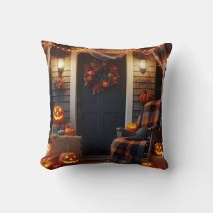 Halloween Porch & Spider Webs Throw Pillow