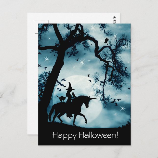 Halloween Postcard with Witch Unicorn Familiars (Front/Back)
