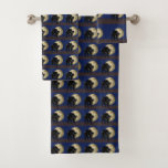 Halloween Prowling Black Cat On A Full Moon Night Bath Towel Set<br><div class="desc">Bath Towel Set Of Three Sizes decorative bathroom amenity and home furnishing decor accessory printed with a Halloween Prowling Black Cat On A Full Moon Night hand drawn graphic artwork drawing design illustration by TheFabricSeal print on demand shop at Zazzle.com #ZazzleMade ©️Original. https://www.zazzle.com/store/thefabricseal This Halloween classic looking vintage yet modern...</div>