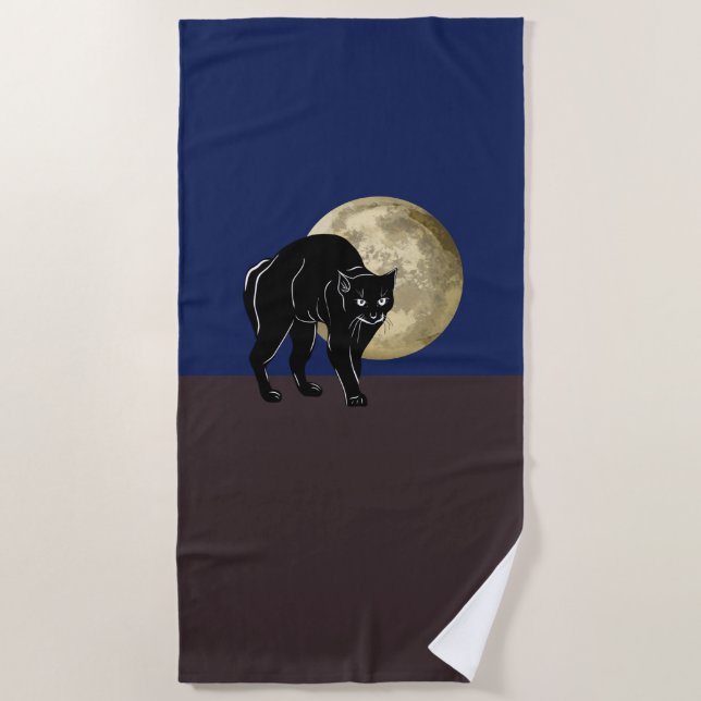 Halloween Prowling Black Cat On A Full Moon Night Beach Towel (Front)