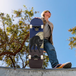 Halloween Prowling Black Cat On A Full Moon Night Skateboard