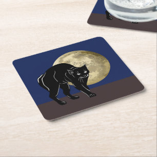Halloween Prowling Black Cat On A Full Moon Night Square Paper Coaster