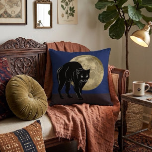Halloween Prowling Black Cat On A Full Moon Night Throw Pillow