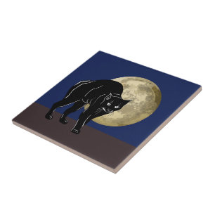 Halloween Prowling Black Cat On A Full Moon Night Tile