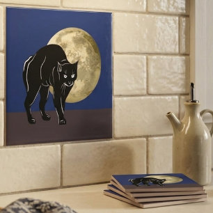 Halloween Prowling Black Cat On A Full Moon Night Tile
