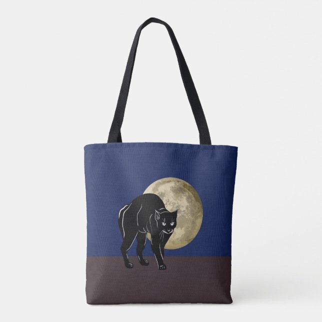 Halloween Prowling Black Cat On A Full Moon Night Tote Bag (Back)