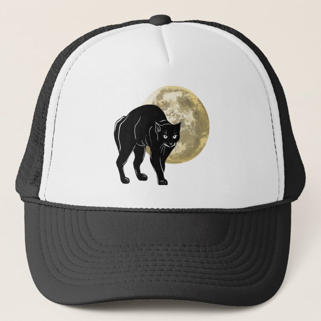 Halloween Prowling Black Cat On A Full Moon Night Trucker Hat (Front)