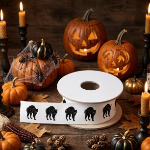 Halloween Prowling Black Cat Silhouette Drawing Satin Ribbon