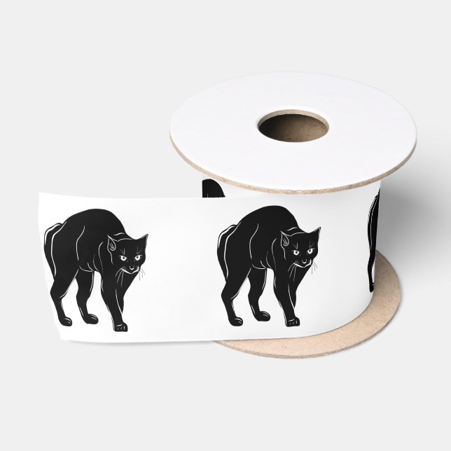Halloween Prowling Black Cat Silhouette Drawing Satin Ribbon (Spool)