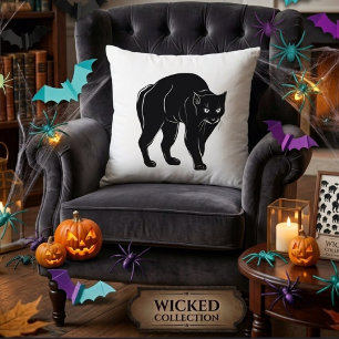 Halloween Prowling Black Cat Silhouette Drawing Throw Pillow