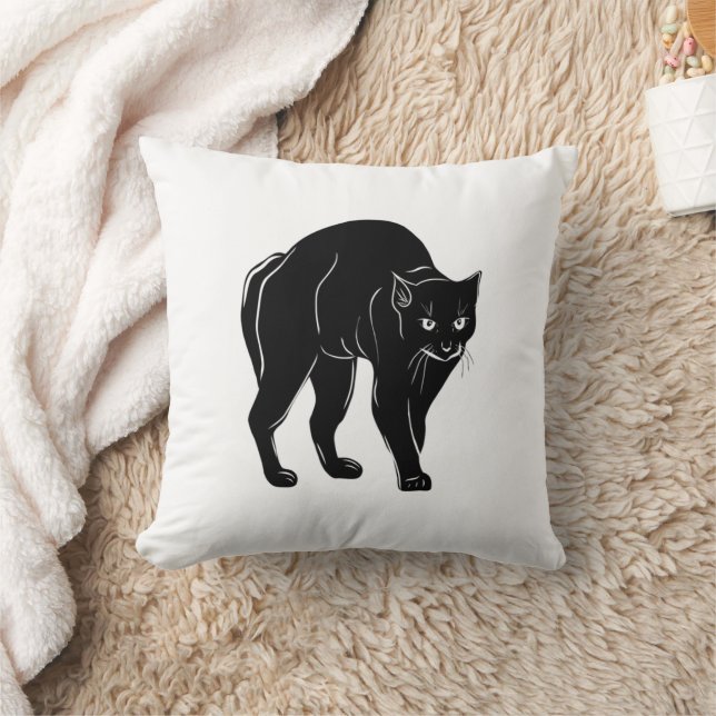 Halloween Prowling Black Cat Silhouette Drawing Throw Pillow (Blanket)