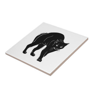 Halloween Prowling Black Cat Silhouette Drawing Tile