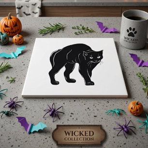Halloween Prowling Black Cat Silhouette Drawing Tile