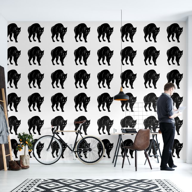 Halloween Prowling Black Cat Silhouette Drawing Wallpaper (Living Room)