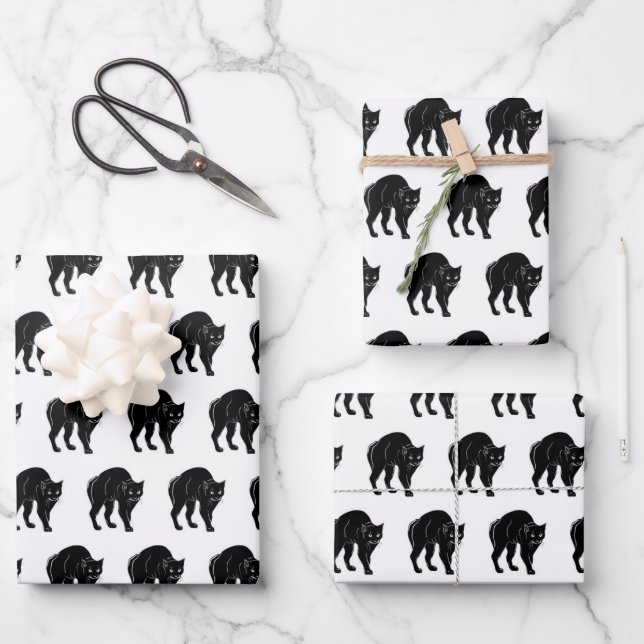 Halloween Prowling Black Cat Silhouette Drawing Wrapping Paper Sheet (Front)